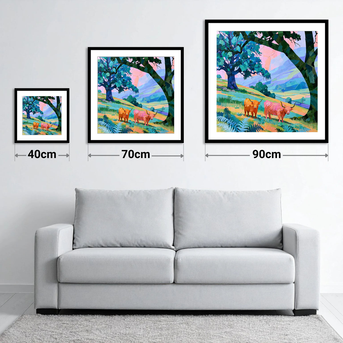Vibrant Highland Cattle Beneath Fells - size guide showing 40cm, 70cm and 90cm art prints
