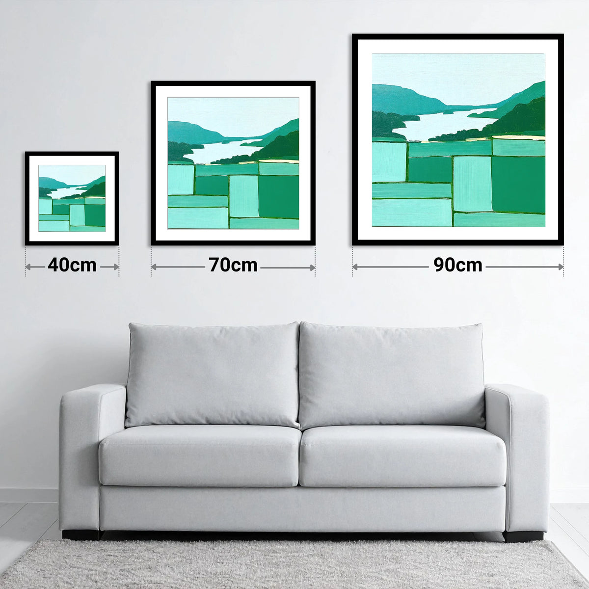 Geometric Greens Above Glenridding - size guide showing 40cm, 70cm and 90cm art prints
