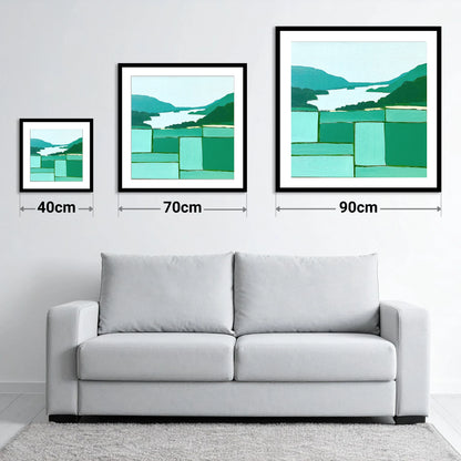Geometric Greens Above Glenridding - size guide showing 40cm, 70cm and 90cm art prints