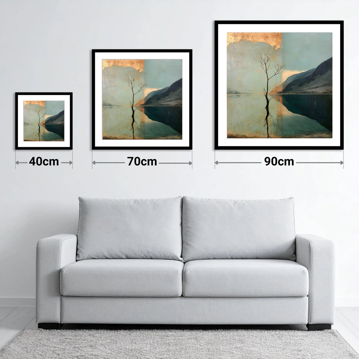 Buttermere Tree with Golden Sky - size guide showing 40cm, 70cm and 90cm art prints