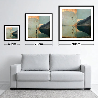 Buttermere Tree with Golden Sky - size guide showing 40cm, 70cm and 90cm art prints