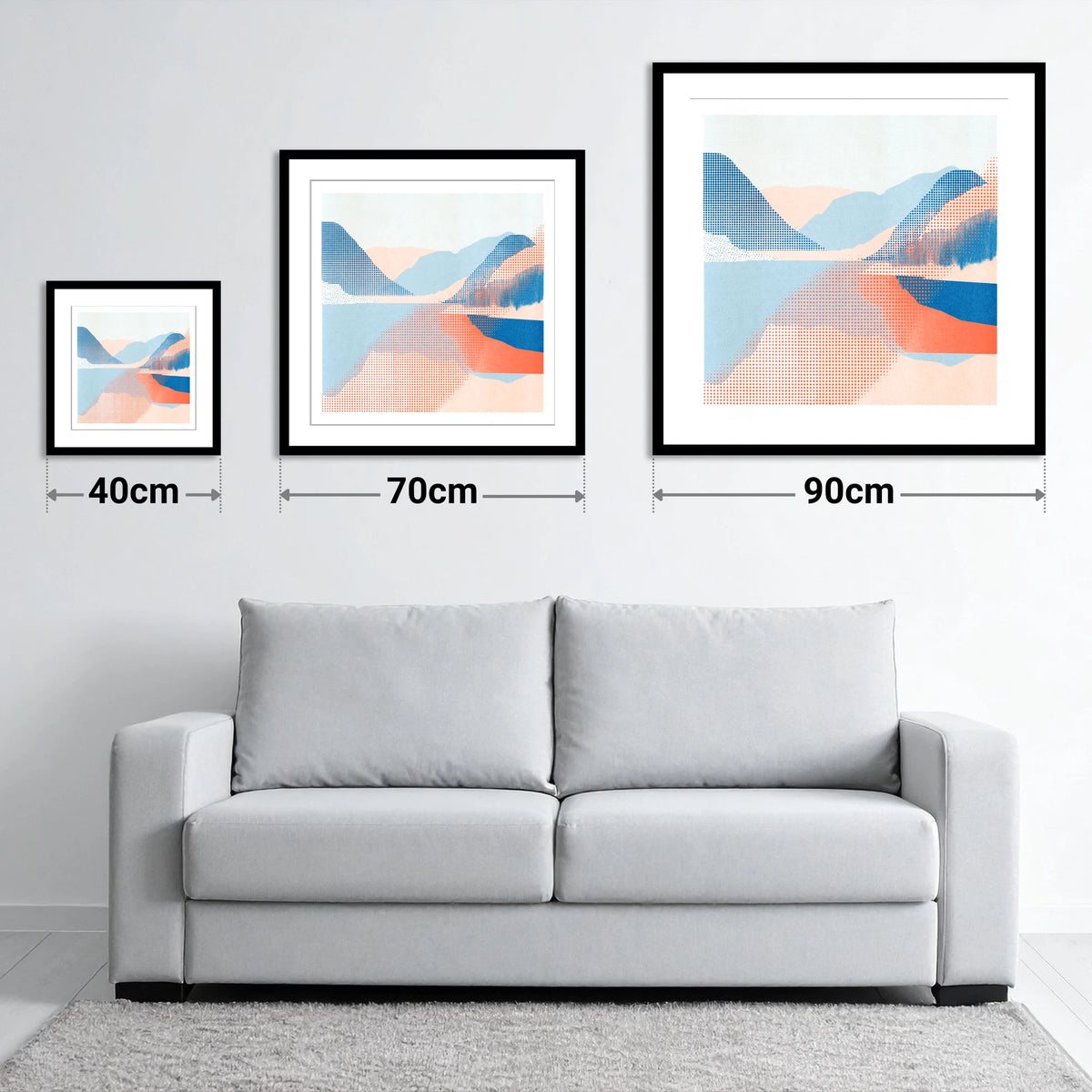 Abstract Halftone Buttermere Fells - size guide showing 40cm, 70cm and 90cm art prints
