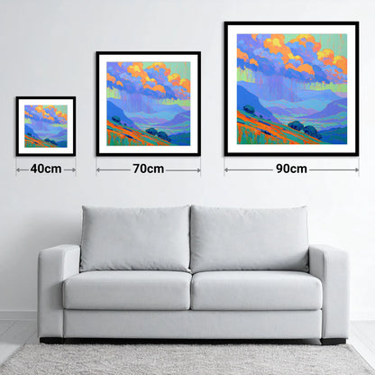 Vibrant Storm Clouds Over Fells - size guide showing 40cm, 70cm and 90cm art prints