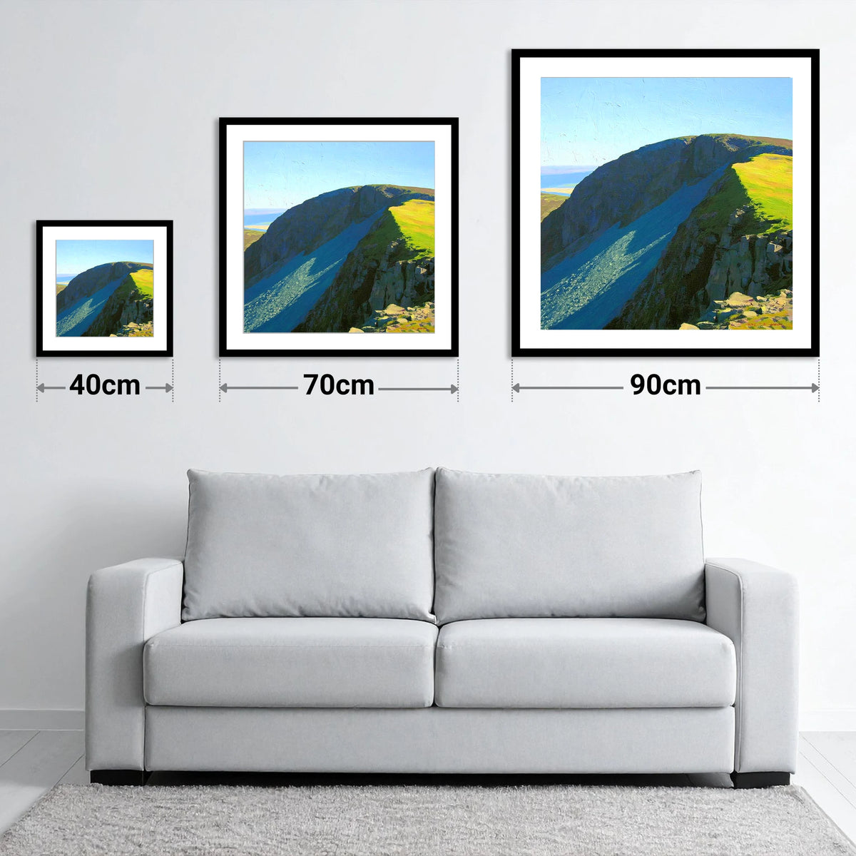 Sunlit Ridge on Swirl How - size guide showing 40cm, 70cm and 90cm art prints