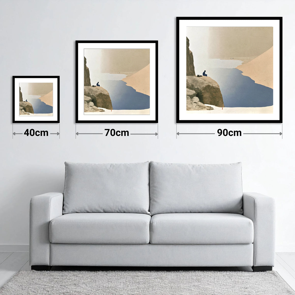 Seated Walker at Innominate Tarn - size guide showing 40cm, 70cm and 90cm art prints
