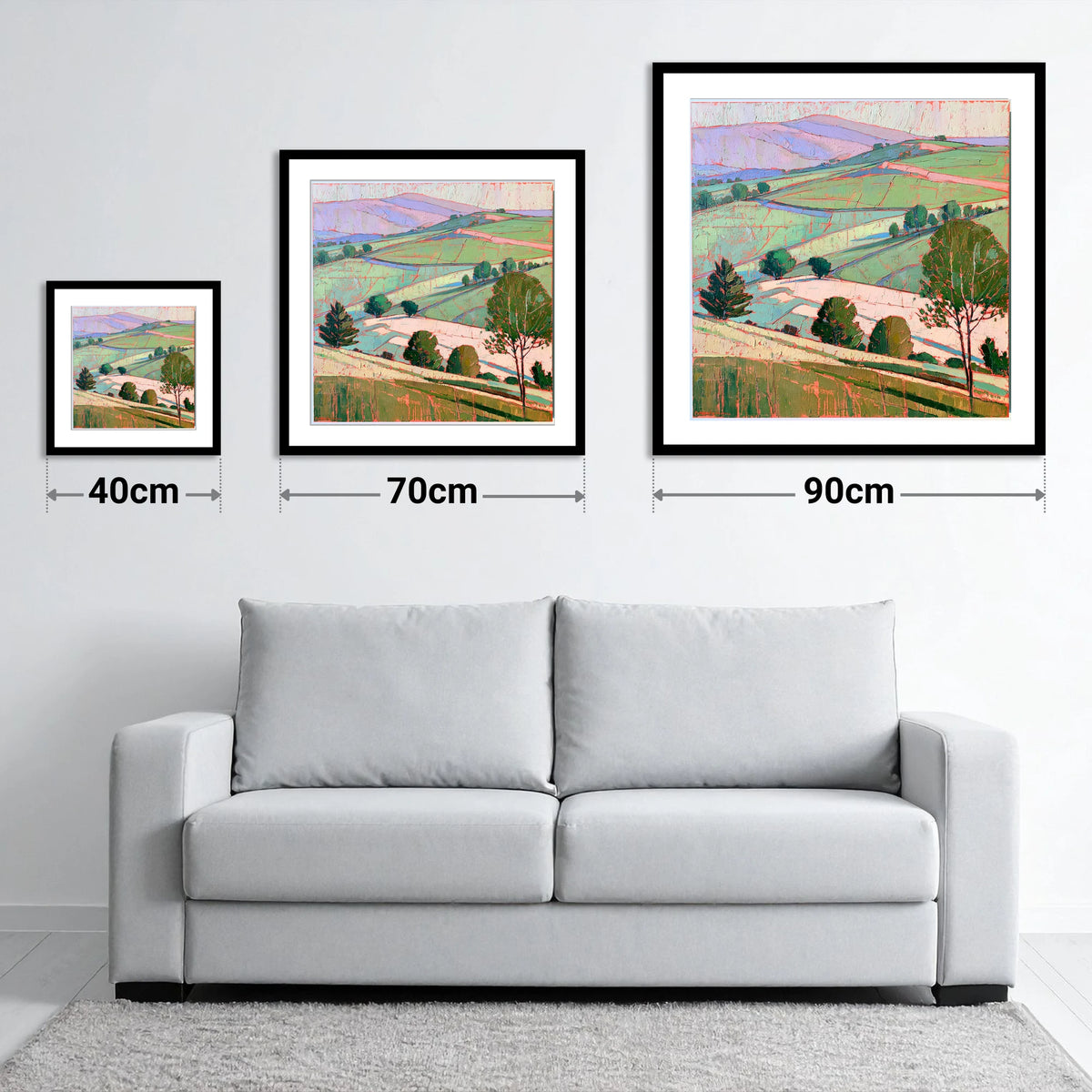 Pastel Evening Light on the Fells - size guide showing 40cm, 70cm and 90cm art prints