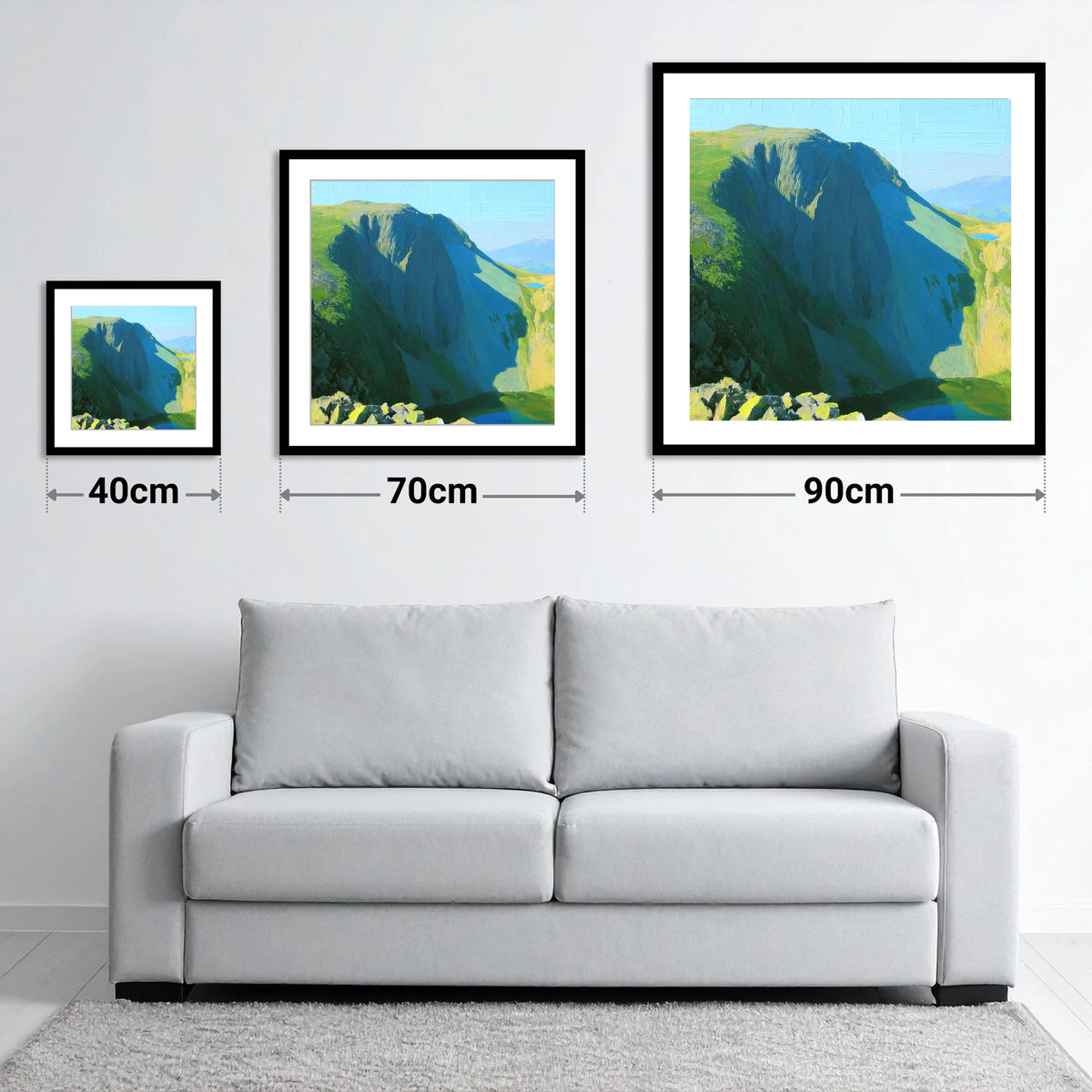Sunlit Dale Head Crags - size guide showing 40cm, 70cm and 90cm art prints