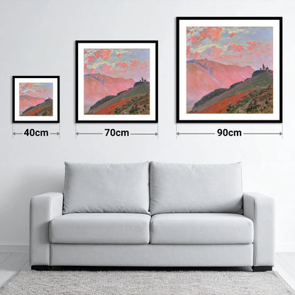 Hikers on a Pink Sunset Fell - size guide showing 40cm, 70cm and 90cm art prints