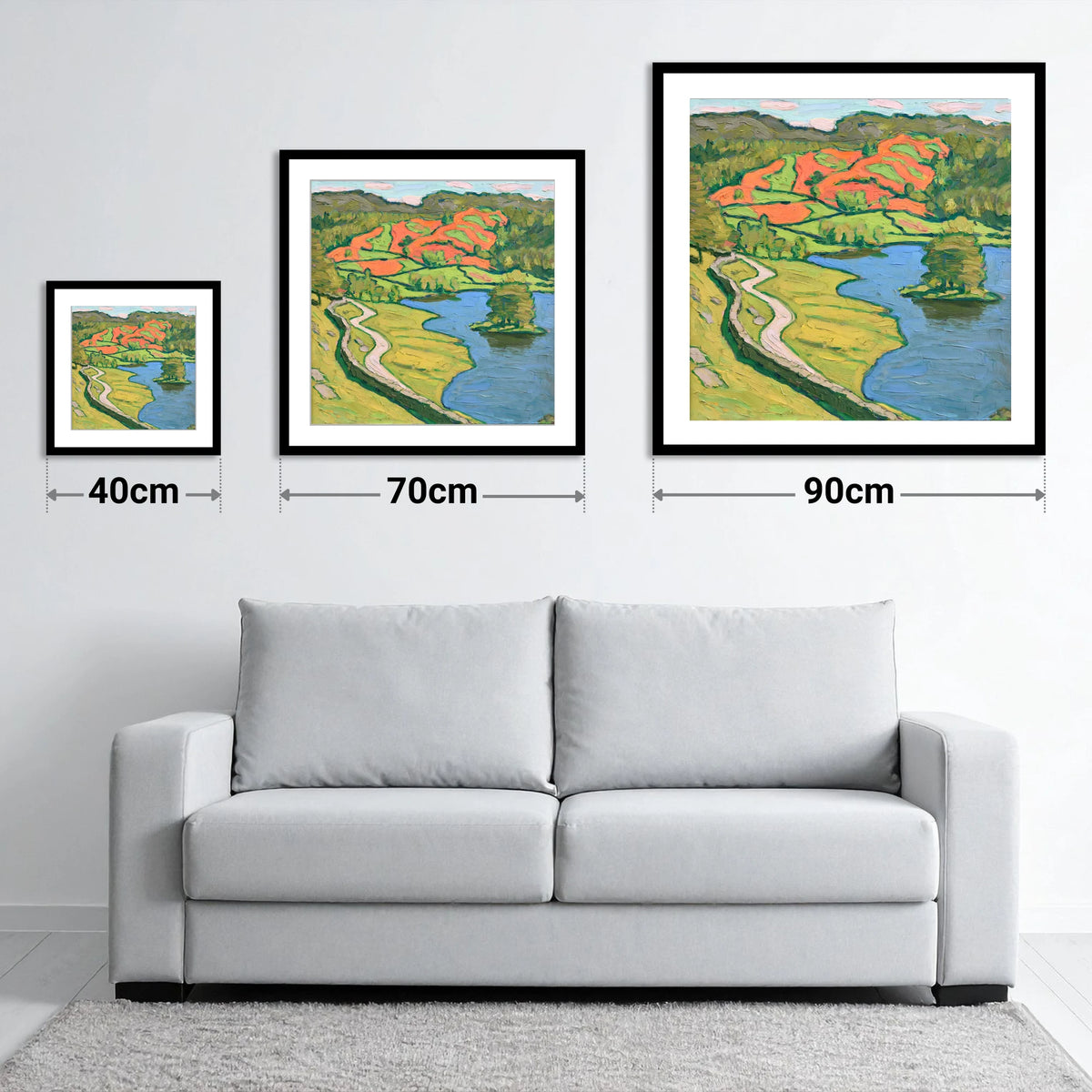 Vibrant Rydal Water Shore Path - size guide showing 40cm, 70cm and 90cm art prints