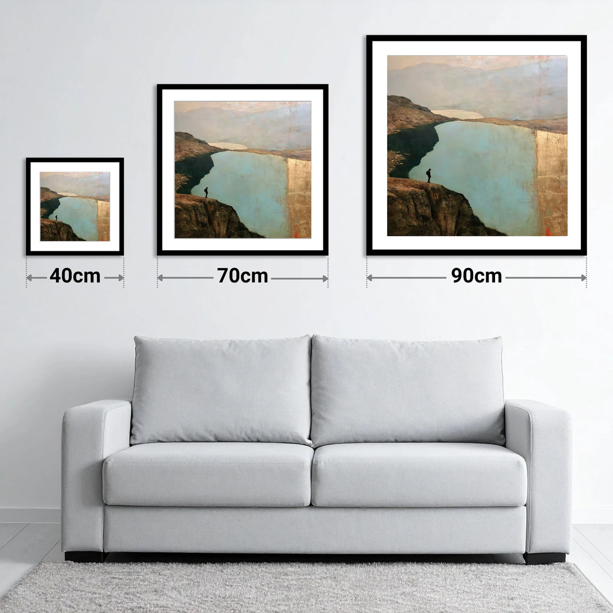 Silhouette Above Innominate Tarn - size guide showing 40cm, 70cm and 90cm art prints