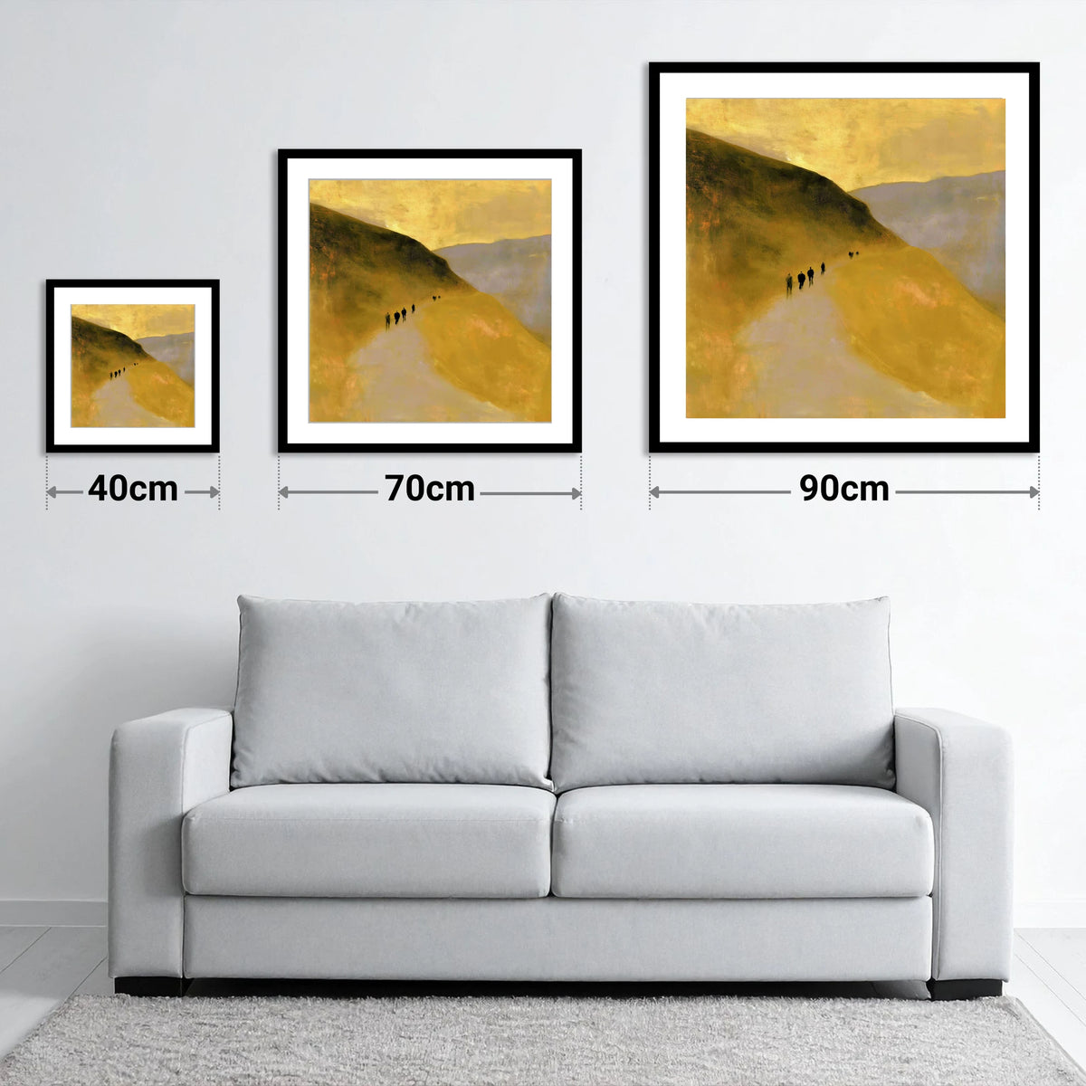 Walkers on a Golden Fell Path - size guide showing 40cm, 70cm and 90cm art prints