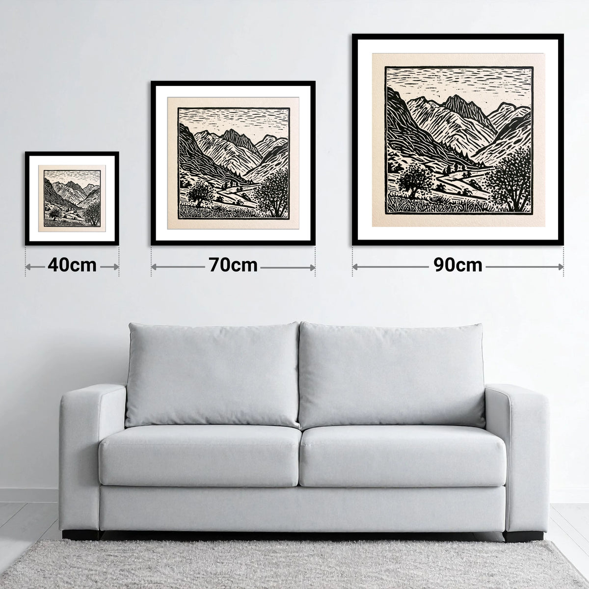 Eskdale Valley in Monochrome - size guide showing 40cm, 70cm and 90cm art prints