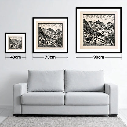 Eskdale Valley in Monochrome - size guide showing 40cm, 70cm and 90cm art prints