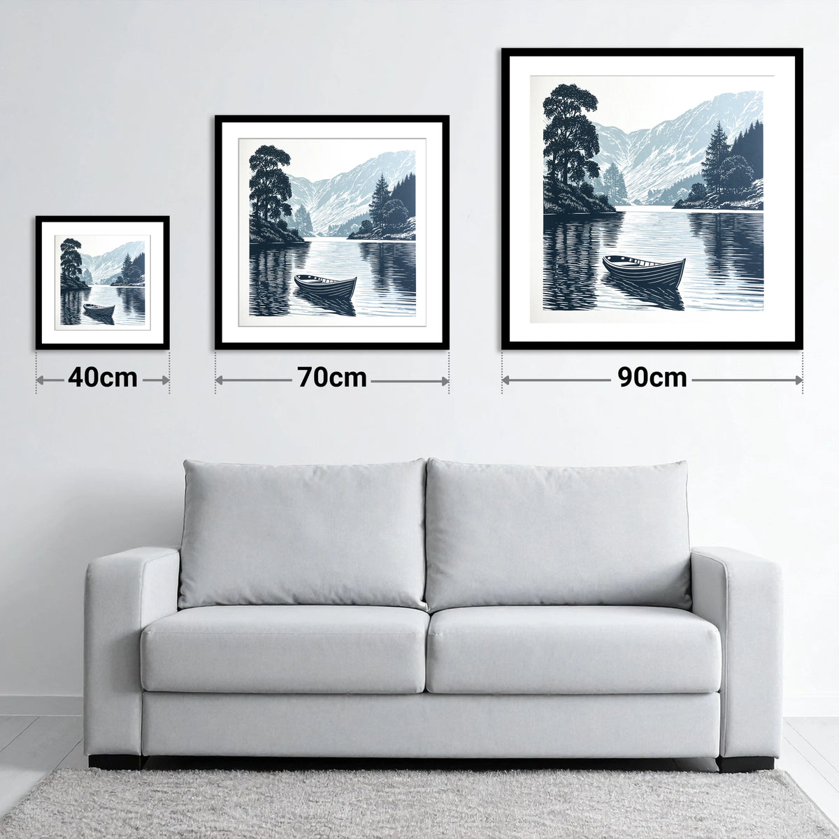 Rowing Boat at Blue Dawn - size guide showing 40cm, 70cm and 90cm art prints