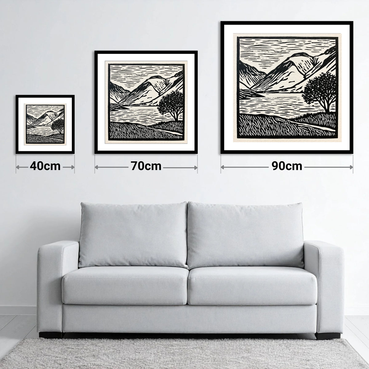Wasdale in Black and White - size guide showing 40cm, 70cm and 90cm art prints