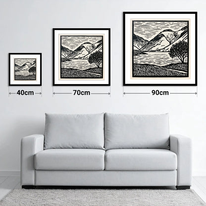 Wasdale in Black and White - size guide showing 40cm, 70cm and 90cm art prints