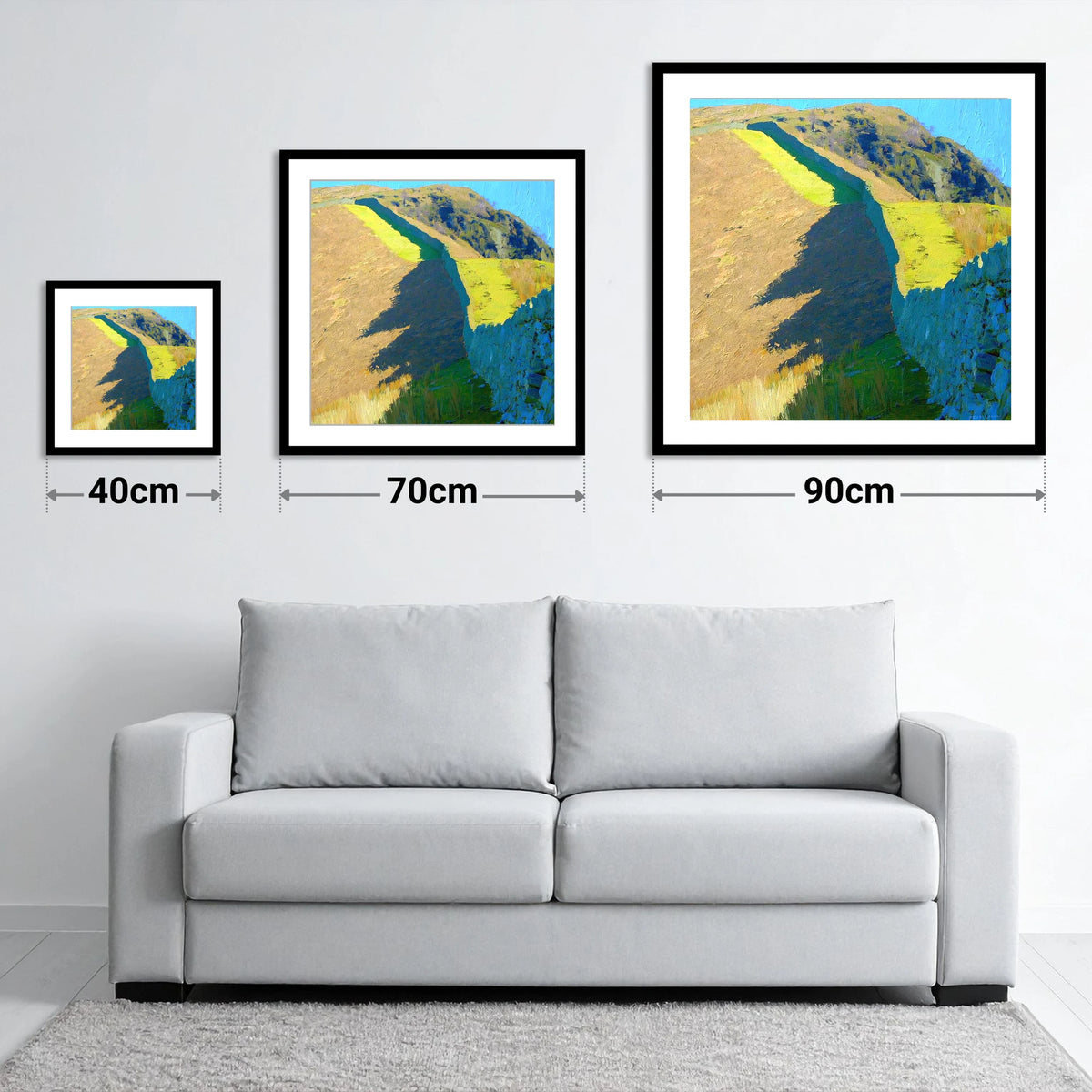 High Rigg Stone Wall Shadows - size guide showing 40cm, 70cm and 90cm art prints