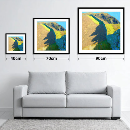 High Rigg Stone Wall Shadows - size guide showing 40cm, 70cm and 90cm art prints