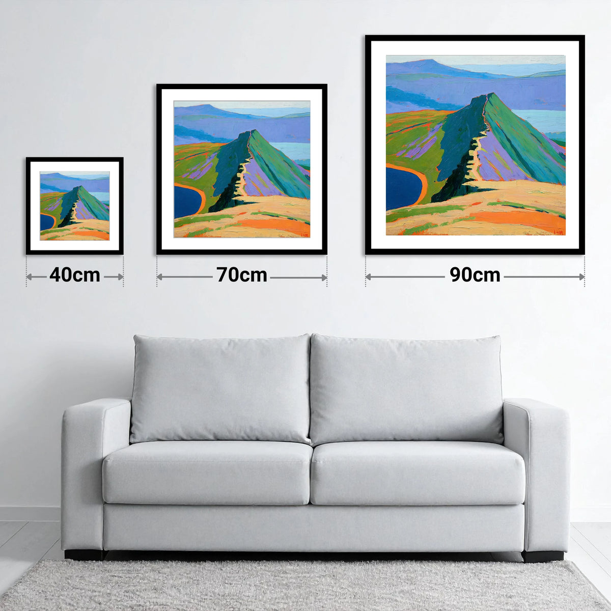 Bold Striding Edge Helvellyn Ridge - size guide showing 40cm, 70cm and 90cm art prints