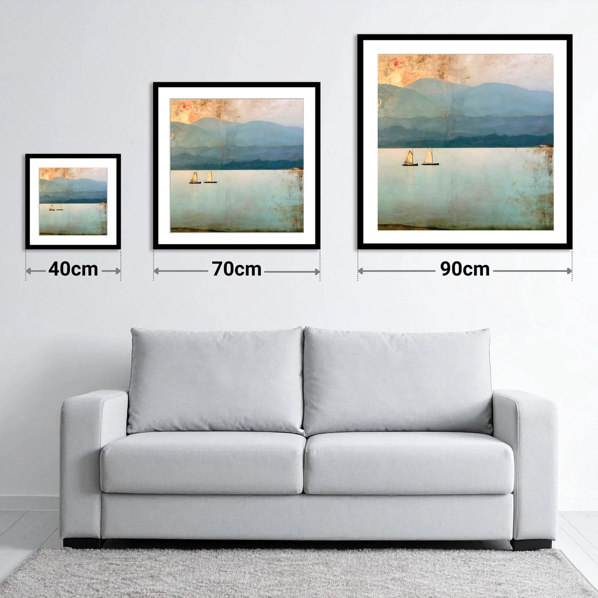 Windermere Sailboats Beneath Ochre Skies - size guide showing 40cm, 70cm and 90cm art prints