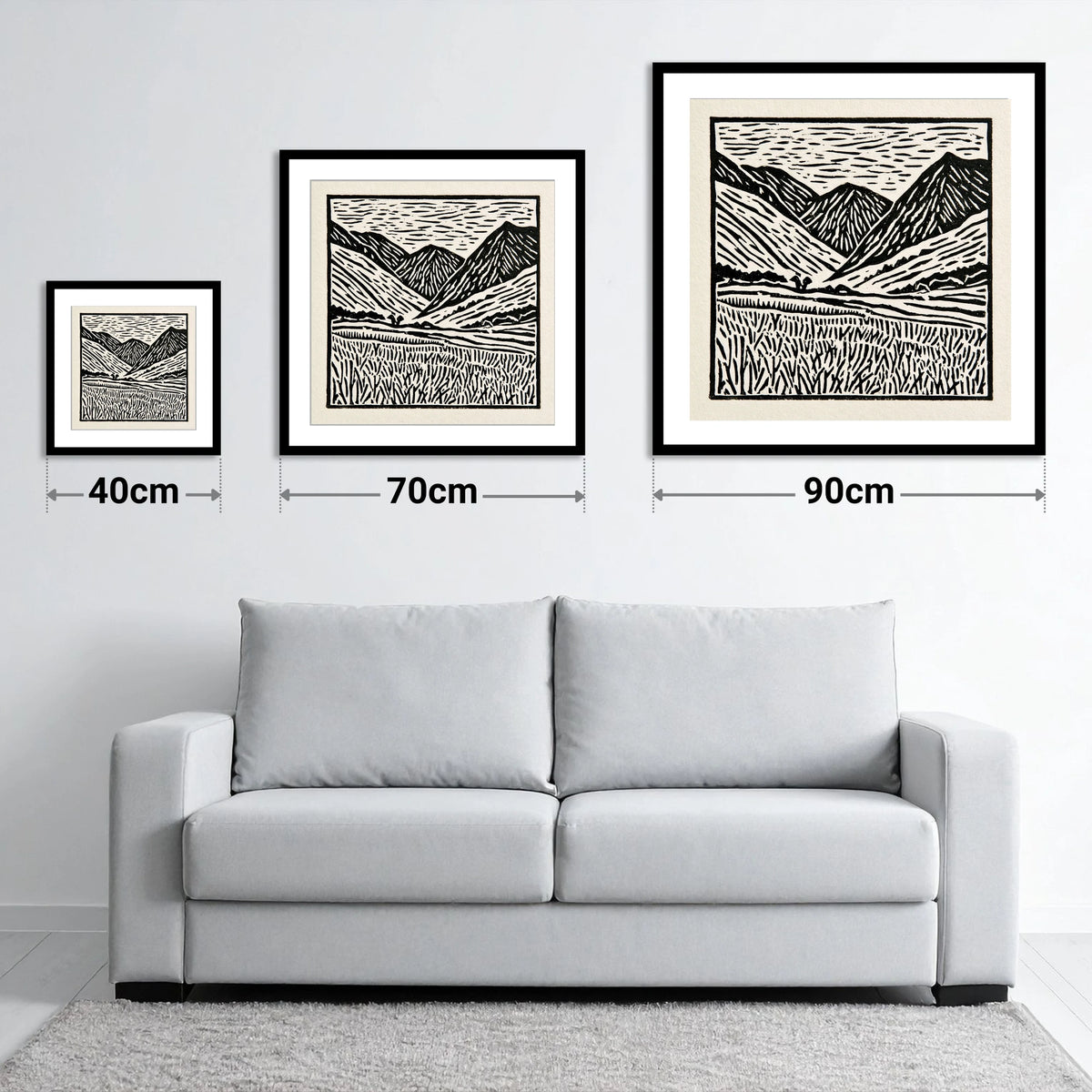 Black and White Borrowdale Fells - size guide showing 40cm, 70cm and 90cm art prints