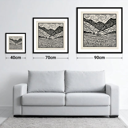 Black and White Borrowdale Fells - size guide showing 40cm, 70cm and 90cm art prints