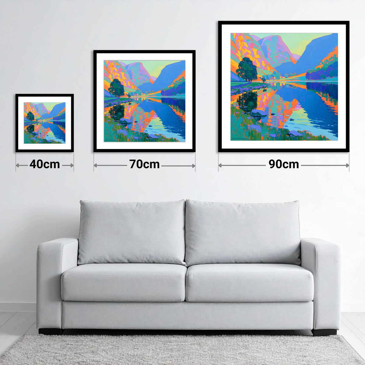 Vibrant Still Lake at Dawn - size guide showing 40cm, 70cm and 90cm art prints