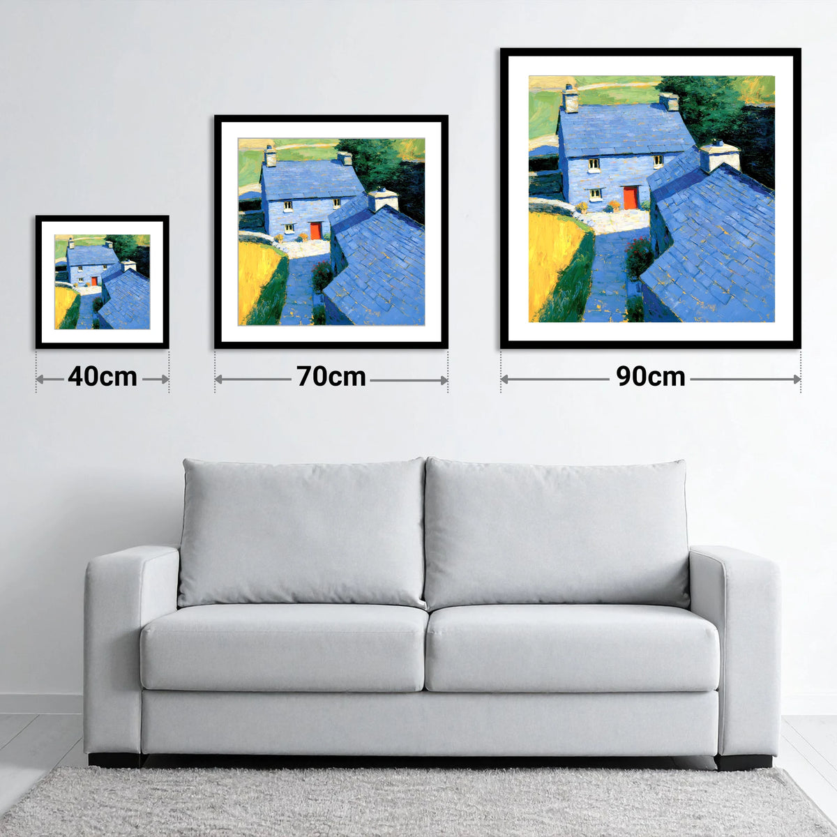Vibrant Blue Slate Cottages - size guide showing 40cm, 70cm and 90cm art prints