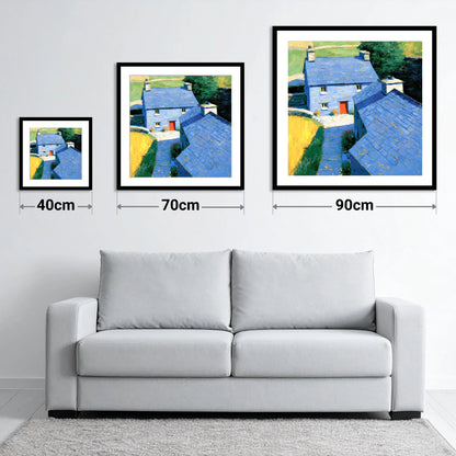Vibrant Blue Slate Cottages - size guide showing 40cm, 70cm and 90cm art prints
