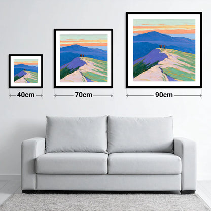 Fell Top Hikers At Sunset - size guide showing 40cm, 70cm and 90cm art prints