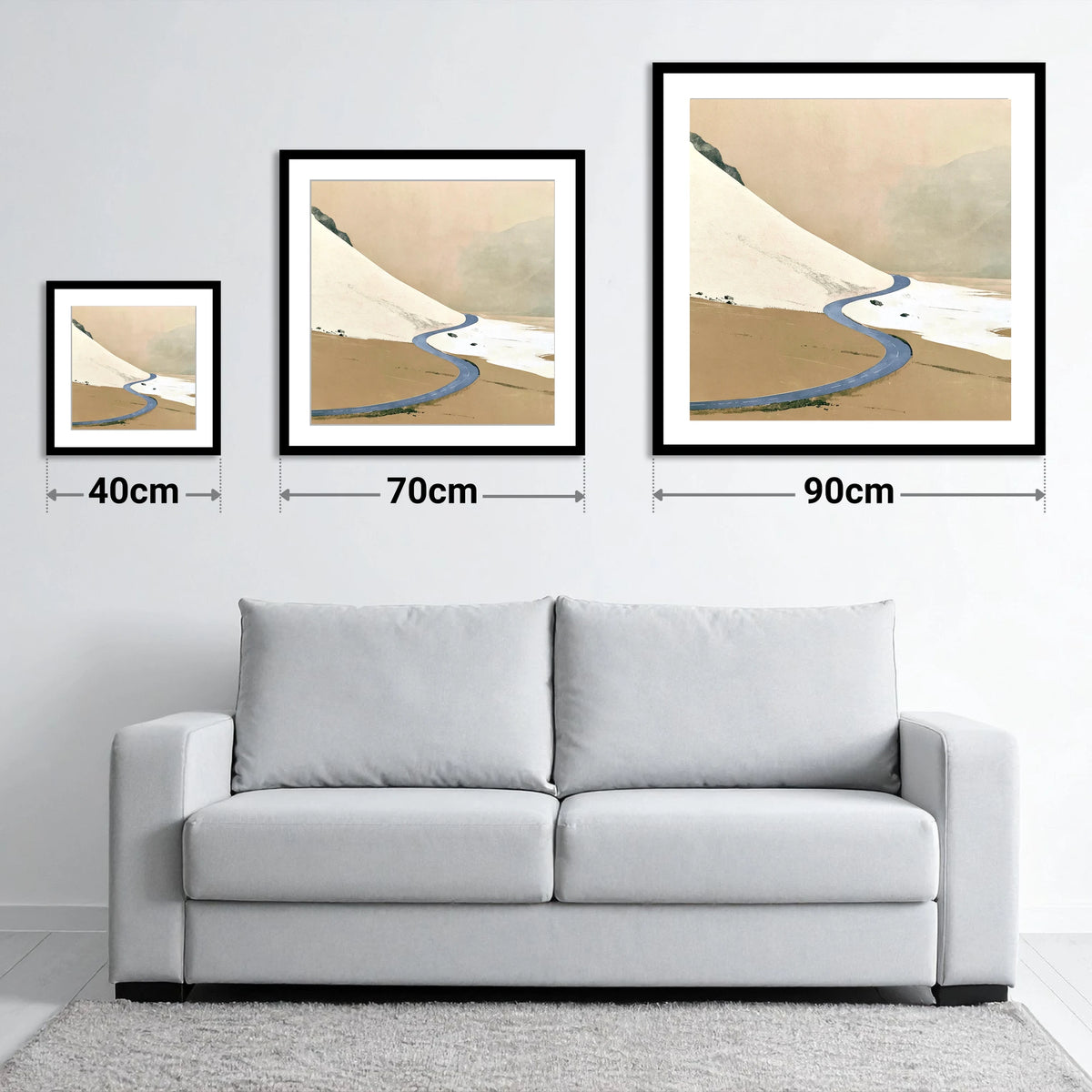 Winter Road through High Fells - size guide showing 40cm, 70cm and 90cm art prints