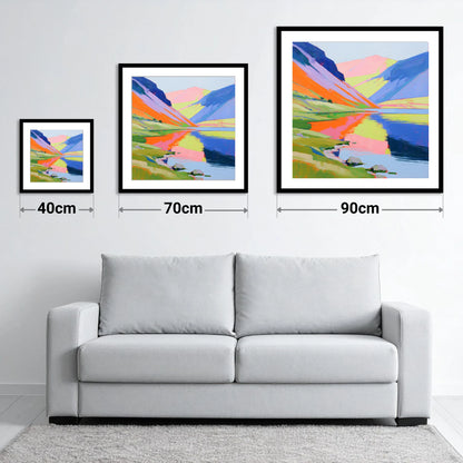 Lake Reflections in Bold Colour - size guide showing 40cm, 70cm and 90cm art prints