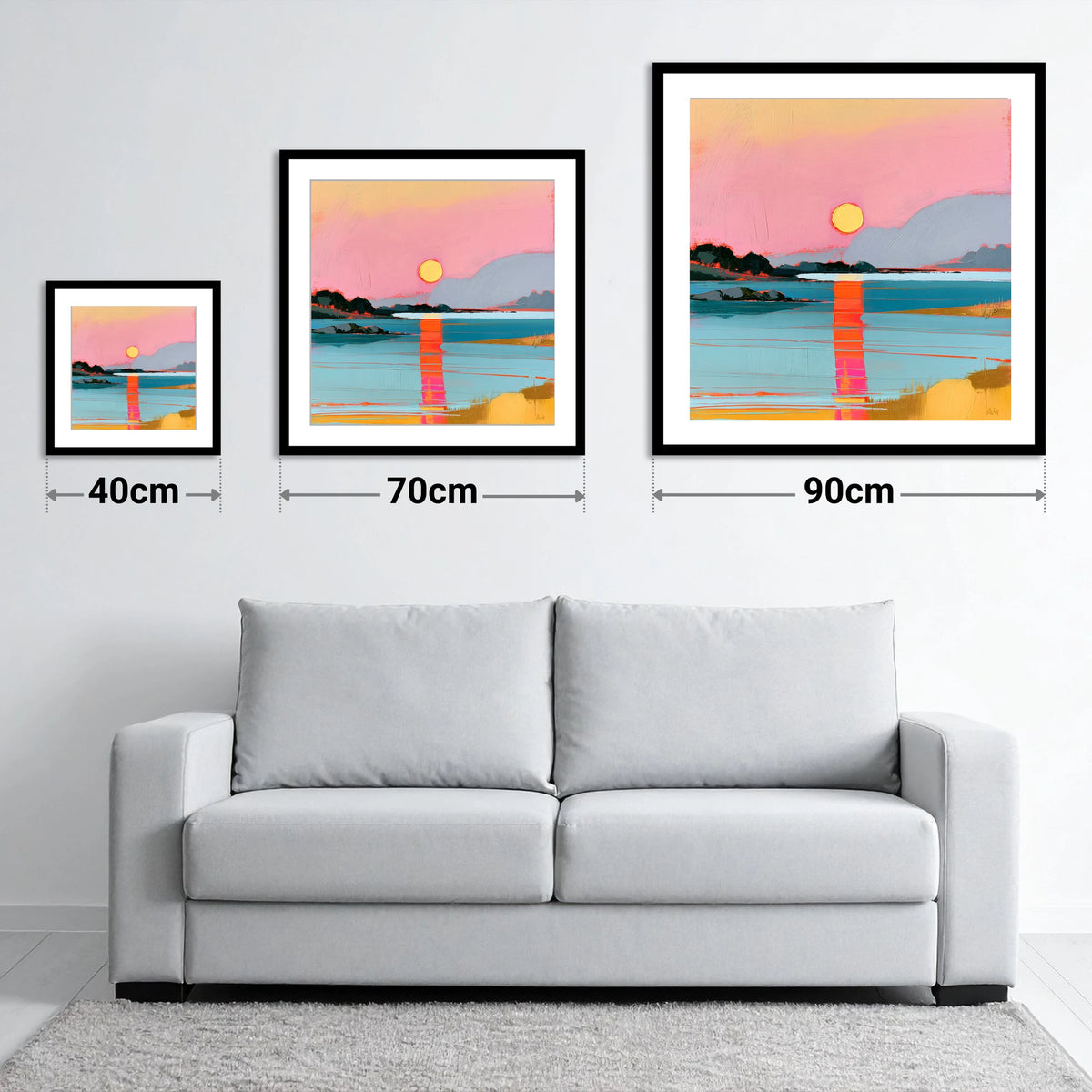 Vibrant Pink Sunset Over Water - size guide showing 40cm, 70cm and 90cm art prints