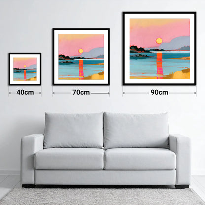 Vibrant Pink Sunset Over Water - size guide showing 40cm, 70cm and 90cm art prints