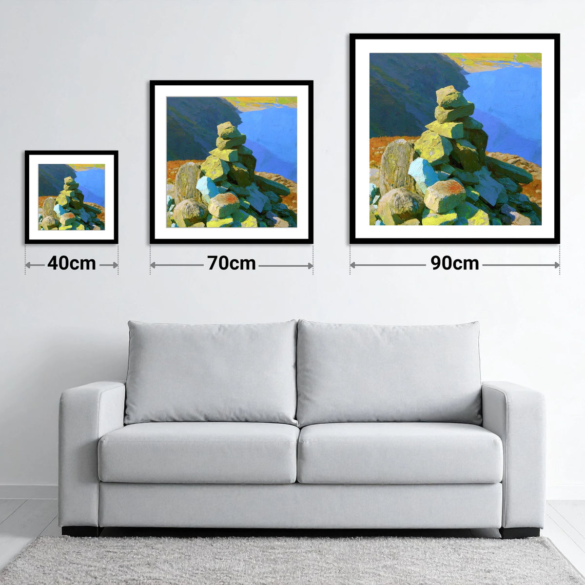 Sunlit Calf Crag Stone Cairn - size guide showing 40cm, 70cm and 90cm art prints