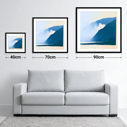 Rolling Fells in Deep Blue - size guide showing 40cm, 70cm and 90cm art prints