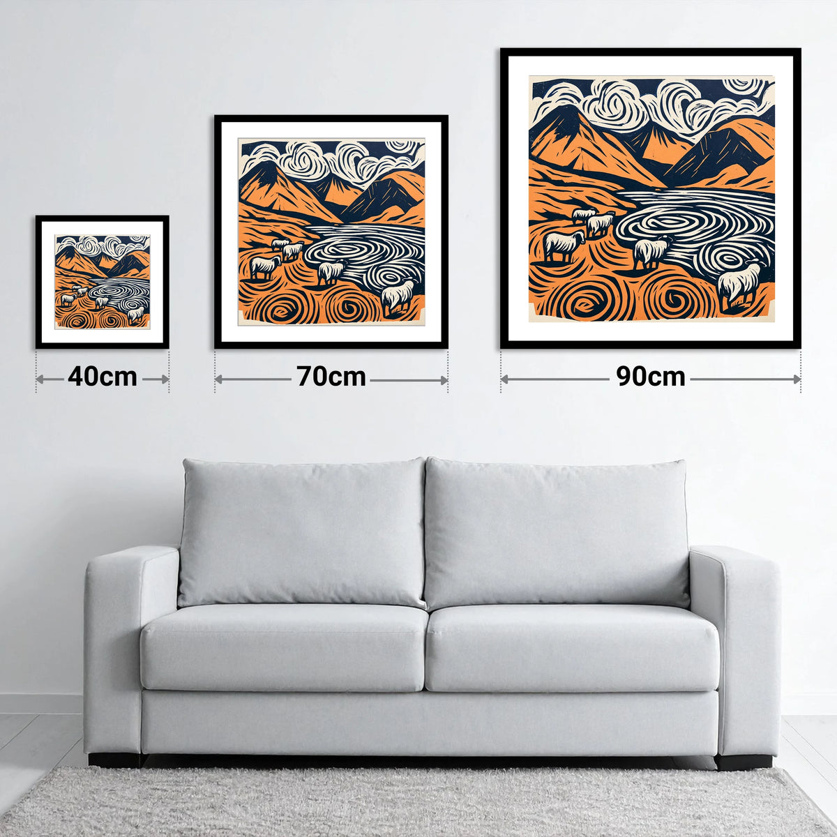 Scafell Pike in Terracotta and Navy - size guide showing 40cm, 70cm and 90cm art prints