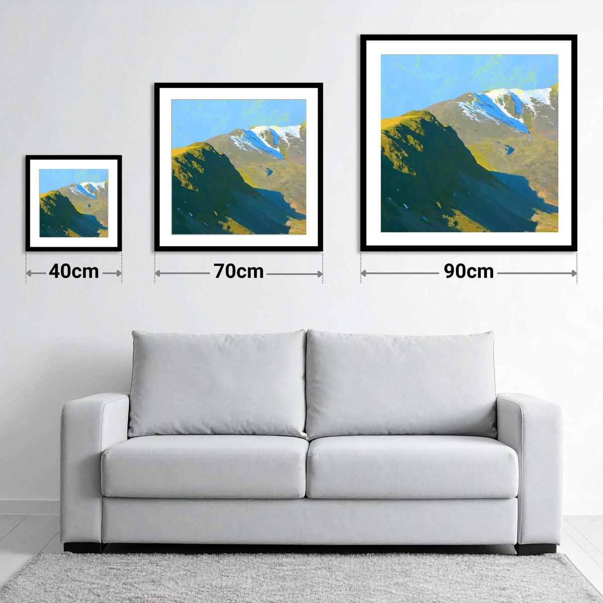 Winter Sun on Slight Side - size guide showing 40cm, 70cm and 90cm art prints