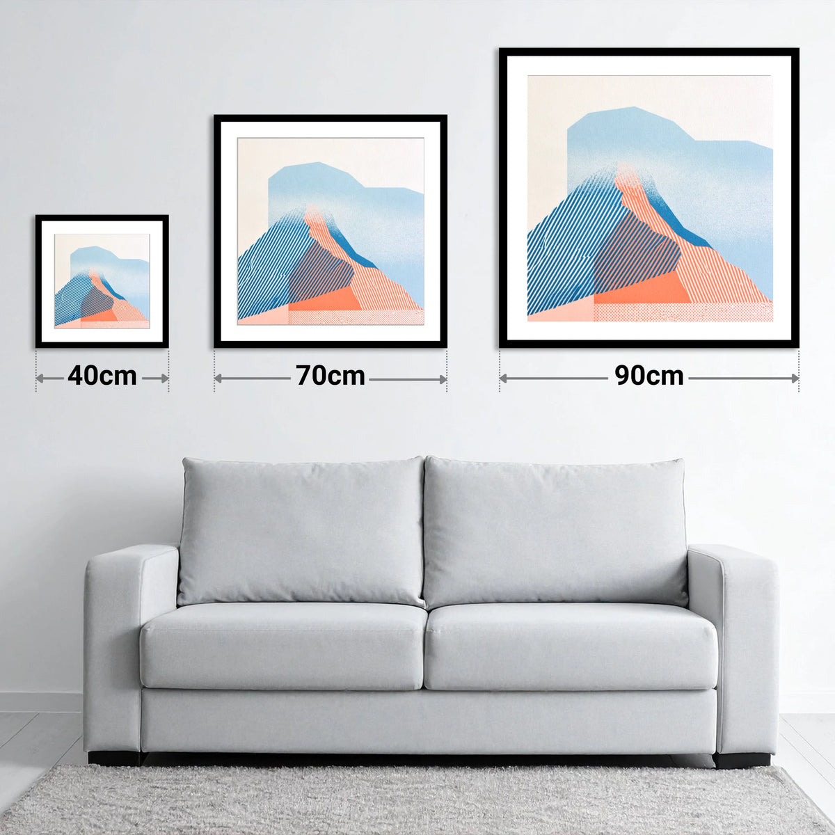 Coral and Blue Mountain Ridge - size guide showing 40cm, 70cm and 90cm art prints