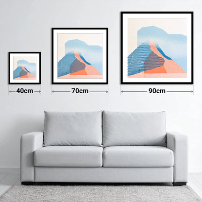 Coral and Blue Mountain Ridge - size guide showing 40cm, 70cm and 90cm art prints