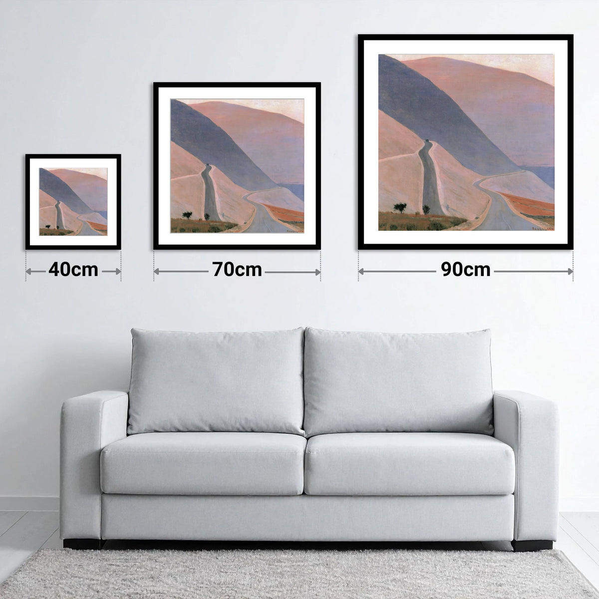 Winding Pass in Pastel Light - size guide showing 40cm, 70cm and 90cm art prints