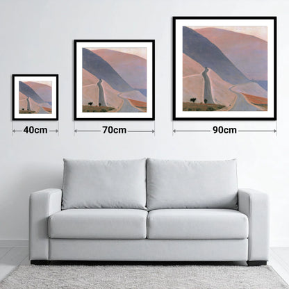 Winding Pass in Pastel Light - size guide showing 40cm, 70cm and 90cm art prints