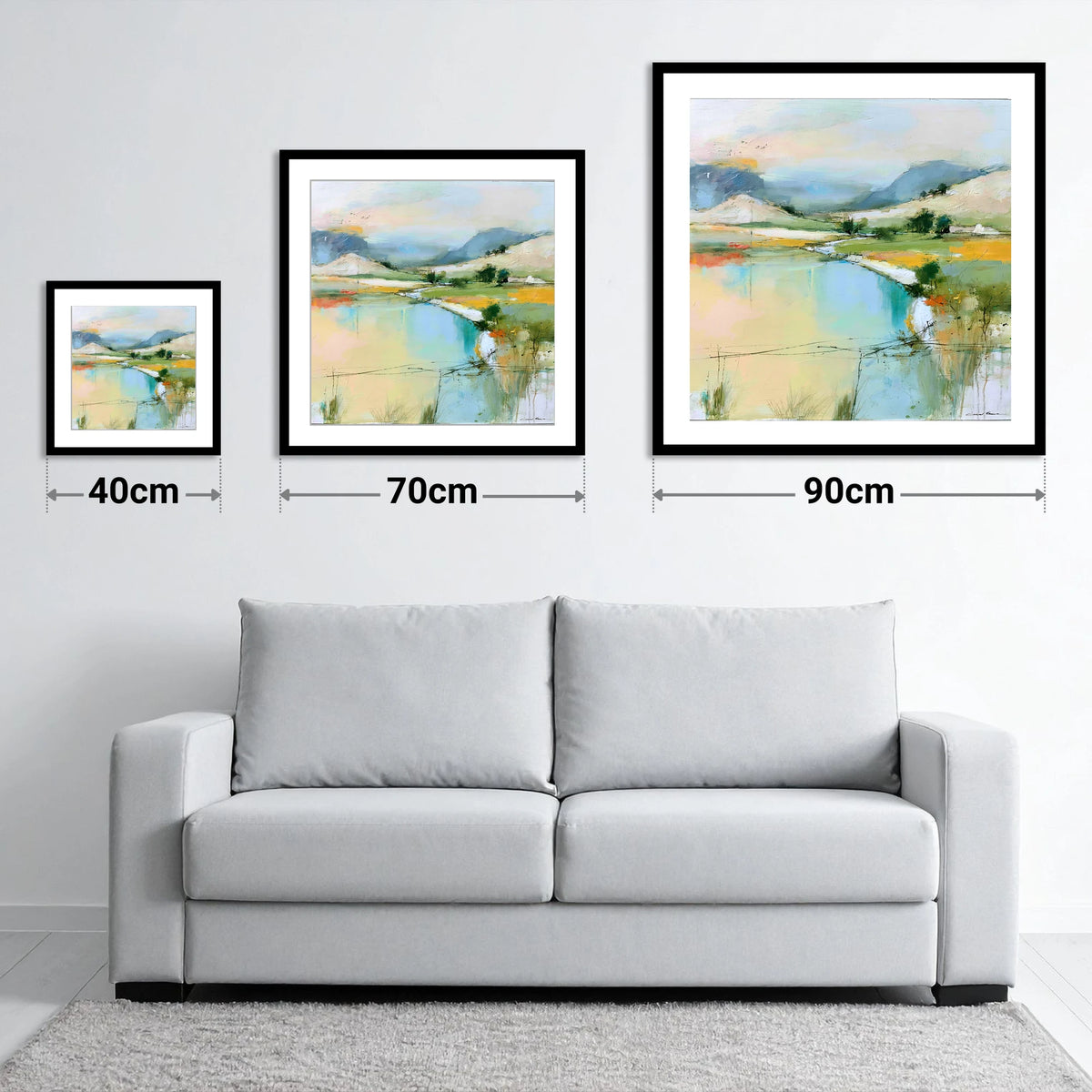 Golden Evening on the Fells - size guide showing 40cm, 70cm and 90cm art prints