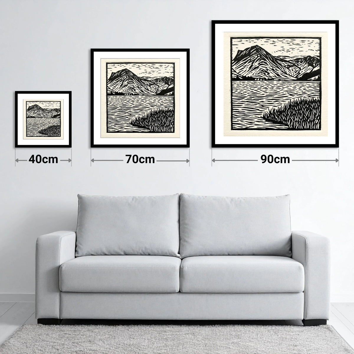 Monochrome Buttermere and Fells - size guide showing 40cm, 70cm and 90cm art prints