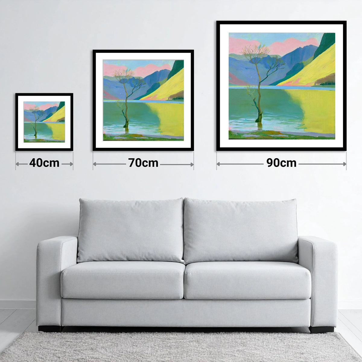 Buttermere Tree Under Pink Skies - size guide showing 40cm, 70cm and 90cm art prints