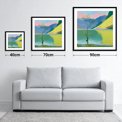 Buttermere Tree Under Pink Skies - size guide showing 40cm, 70cm and 90cm art prints