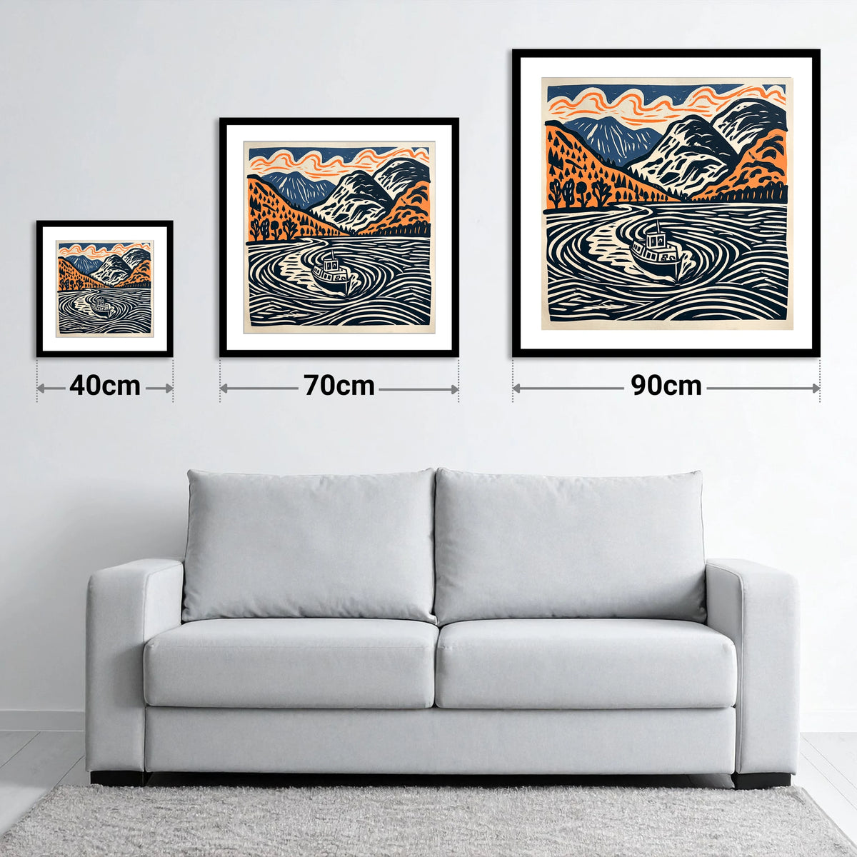 Ullswater Steamer in Terracotta and Navy - size guide showing 40cm, 70cm and 90cm art prints