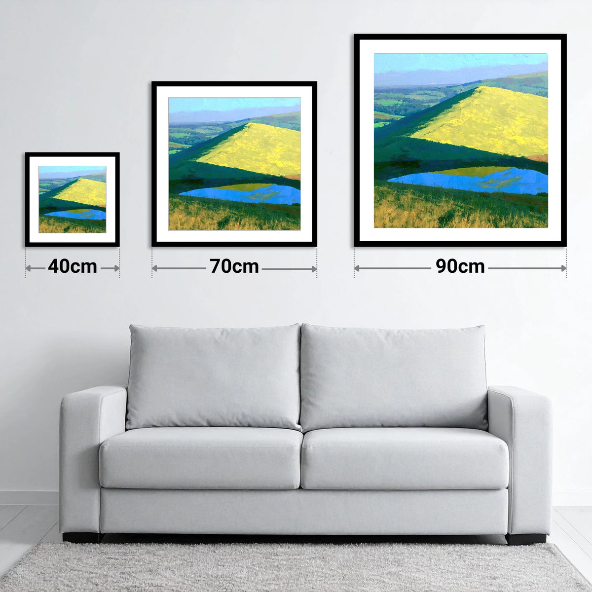 Bright Sunlight on Longlands Fell - size guide showing 40cm, 70cm and 90cm art prints