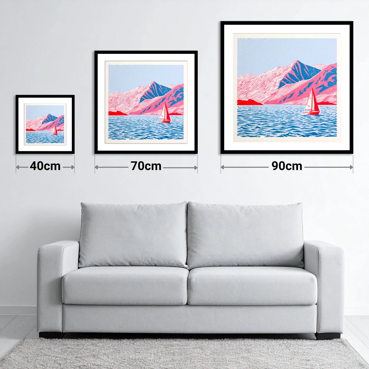Red Sailboat on Vibrant Ullswater - size guide showing 40cm, 70cm and 90cm art prints