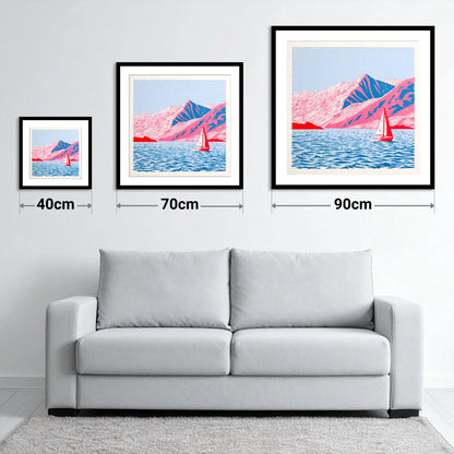Red Sailboat on Vibrant Ullswater - size guide showing 40cm, 70cm and 90cm art prints